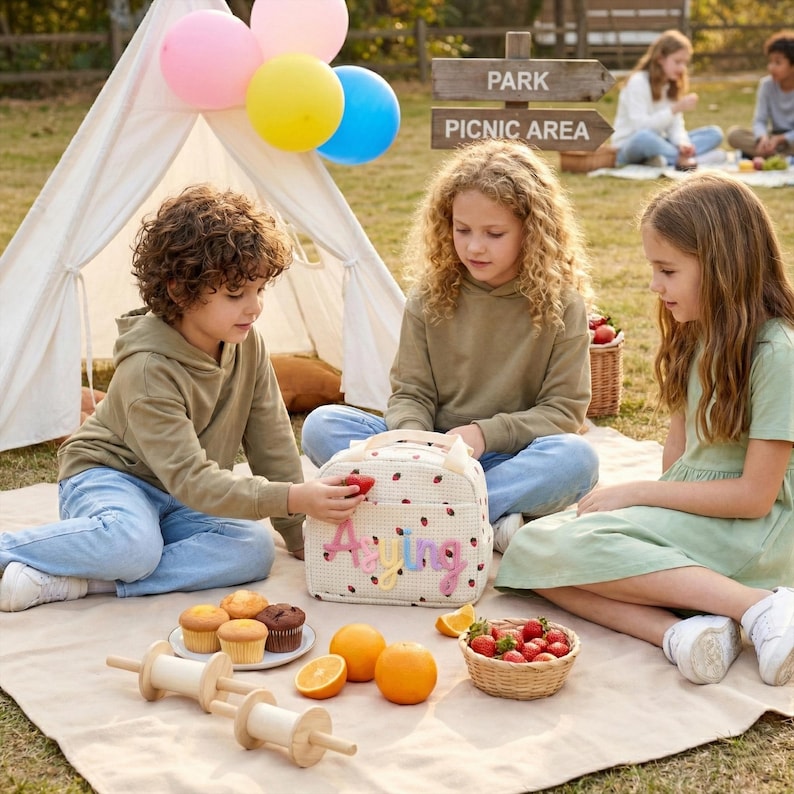 May include: A picnic scene with children, a tent, and balloons. A beige lunch bag with ladybug accents and the name "Aying" is open. There are muffins, oranges, strawberries, and wooden spools on a blanket. A sign reads "Park Picnic Area."