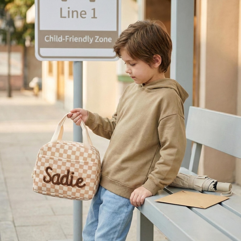 May include: A beige and white checkered lunch bag with the name "Sadie" embroidered in brown. The bag has a handle and is held by a person wearing a tan hoodie and blue jeans. The sign in the background reads "Line 1" and "Child-Friendly Zone."