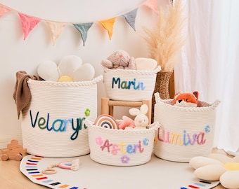 Custom Name Toy Basket | Personalized Nursery Storage Bin | Baby Gift | Rope Name Basket | Kids Room Organization