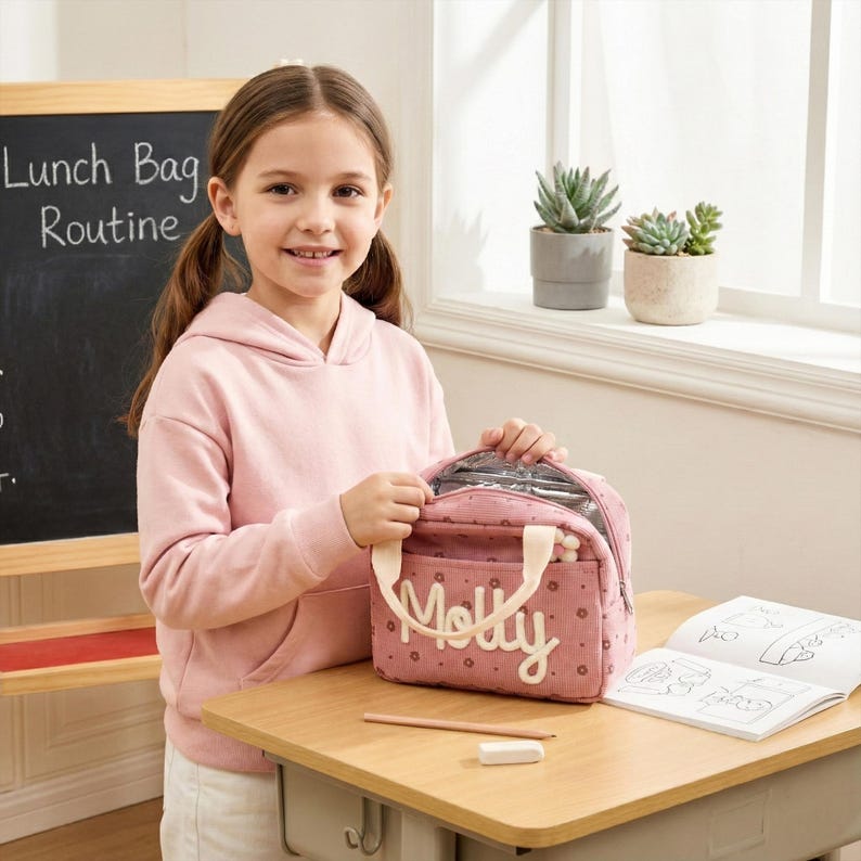May include: A young girl holds a pink lunch bag with the name "Molly" in white script. The bag has a corduroy texture and a polka dot pattern. The words "Lunch Bag Routine" are written on a chalkboard in the background.