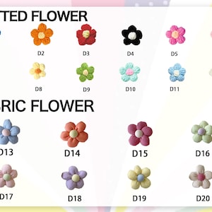 May include: A variety of colorful knitted and fabric flower embellishments. The image displays a range of flower designs in various colors, including blue, orange, red, black, pink, purple, yellow, and green. Each flower is labeled with a corresponding number.