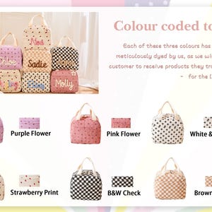 May include: A collection of colorful, patterned tote bags. The bags feature various designs, including floral, polka dot, and checkered patterns. Some bags are personalized with names. The image also includes text that reads "Colour coded toilet".