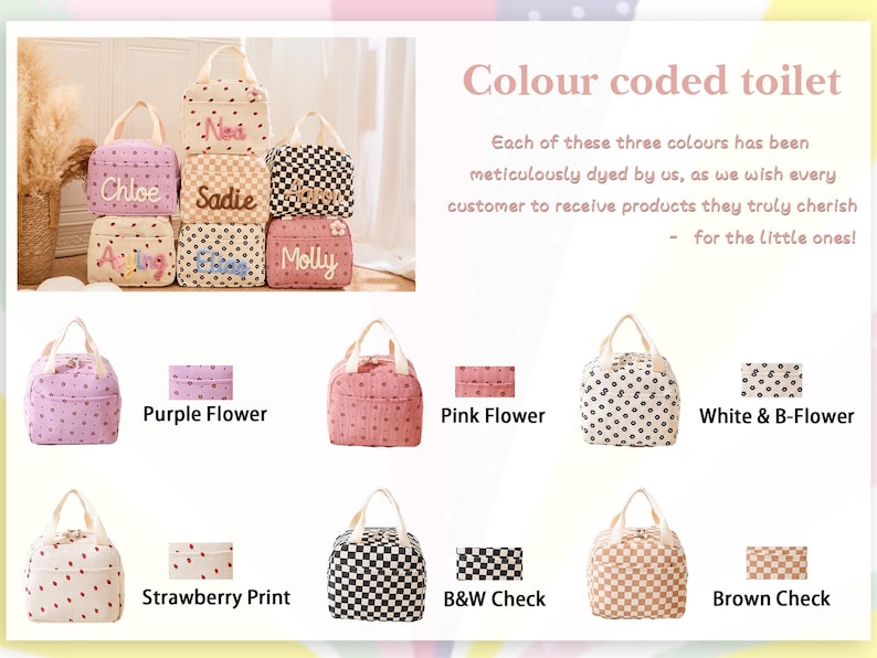 May include: A collection of colorful, patterned tote bags. The bags feature various designs, including floral, polka dot, and checkered patterns. Some bags are personalized with names. The image also includes text that reads "Colour coded toilet".