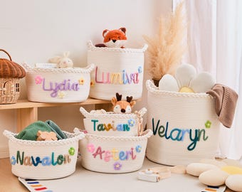 Personalized Crochet Baby Basket, Custom Name Storage, Nursery Toy Organizer