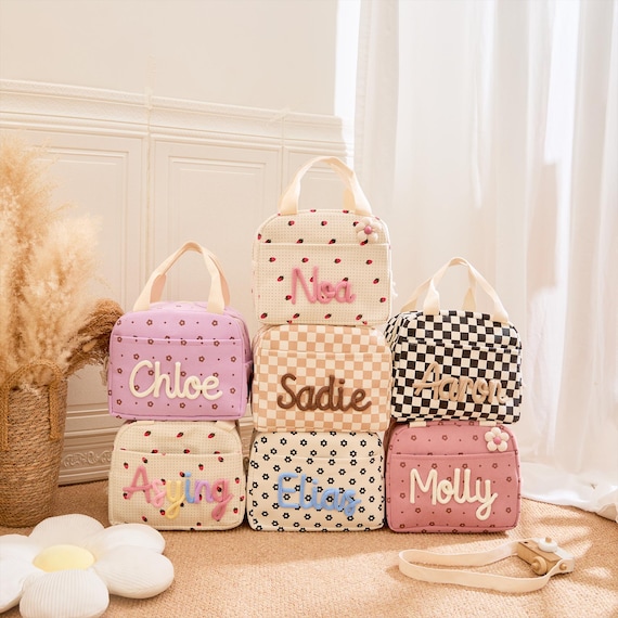 Custom Kids Lunch Bag with Name - Handmade Strawberry Lunch Tote, Insulated Birthday Gift for Preschool & School Children