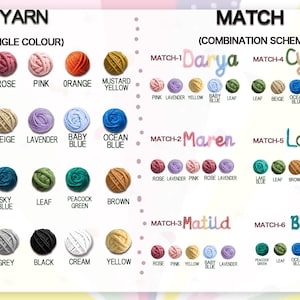 May include: A color chart for yarn, featuring single colors and combination schemes. The chart displays various yarn colors, including red, pink, orange, and yellow, with matching color combinations labeled with names like Darya and Maren. The text "YARN" and "MATCH" are at the top.