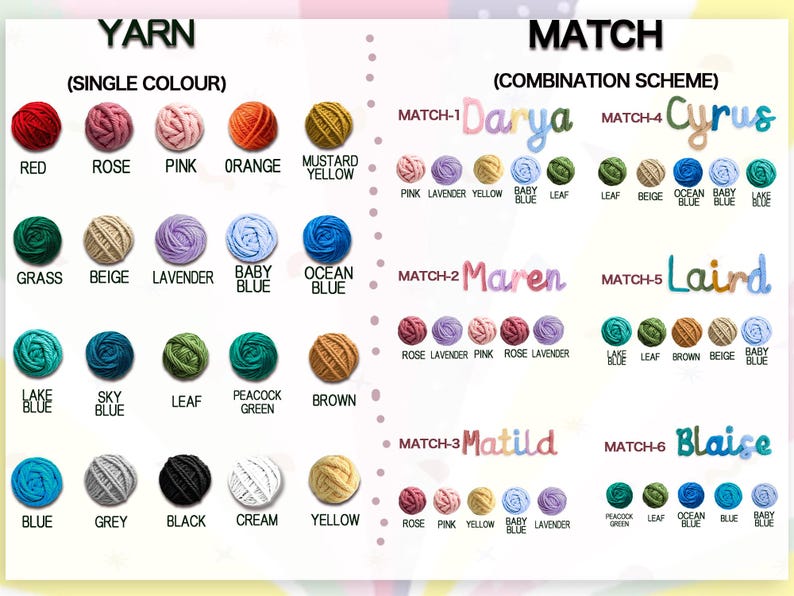 May include: A color chart for yarn, featuring single colors and combination schemes. The chart displays various yarn colors, including red, pink, orange, and yellow, with matching color combinations labeled with names like Darya and Maren. The text "YARN" and "MATCH" are at the top.