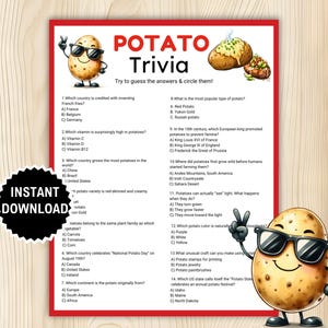 Könnte beinhalten: Ein druckbares "Kartoffel-Quiz"-Spielblatt mit rotem Rand. Das Blatt zeigt eine Cartoon-Kartoffel mit Sonnenbrille und dem Text "POTATO Trivia". Enthält Multiple-Choice-Fragen über Kartoffeln. Ein "SOFORT-DOWNLOAD"-Aufkleber befindet sich im Bild.