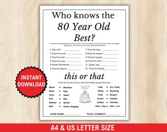 Who Knows The 80 Year Old Best Game, 80th Birthday Game Printable, 80th Birthday Party Activity, 80th Birthday Trivia, Senior Party Games