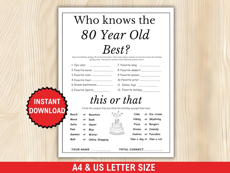 Who Knows The 80 Year Old Best Game, 80th Birthday Game Printable, 80th Birthday Party Activity, 80th Birthday Trivia, Senior Party Games 80th Birthday Party Games, Fun Party Games for your 80th Birthday, 80th Birthday Idea