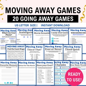 Going Away Party Games-20 Umzug Spiele, Abschiedsparty Bundle, Going Away Party Spiele für Erwachsene & Kinder, Bon Voyage, Umzug Spiele