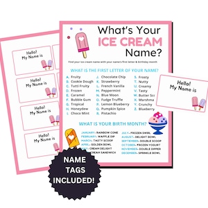 What&#39;s Your Ice Cream Name Game, Ice Cream Party Games, Ice Cream Name Tags & Sign, Ice Cream Party
