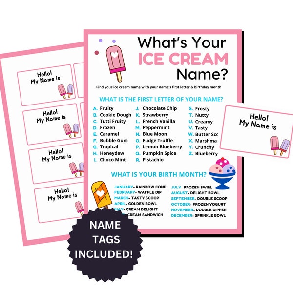 What's Your Ice Cream Name Game, Ice Cream Party Games, Ice Cream Name Tags & Sign, Ice Cream Party