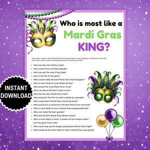 Mardi Gras Game, New Orleans, Fat Tuesday,Printable Mardi Gras Game for Seniors,Kids,Family, Mardi Gras Group Party Game,Mardi Gras Activity