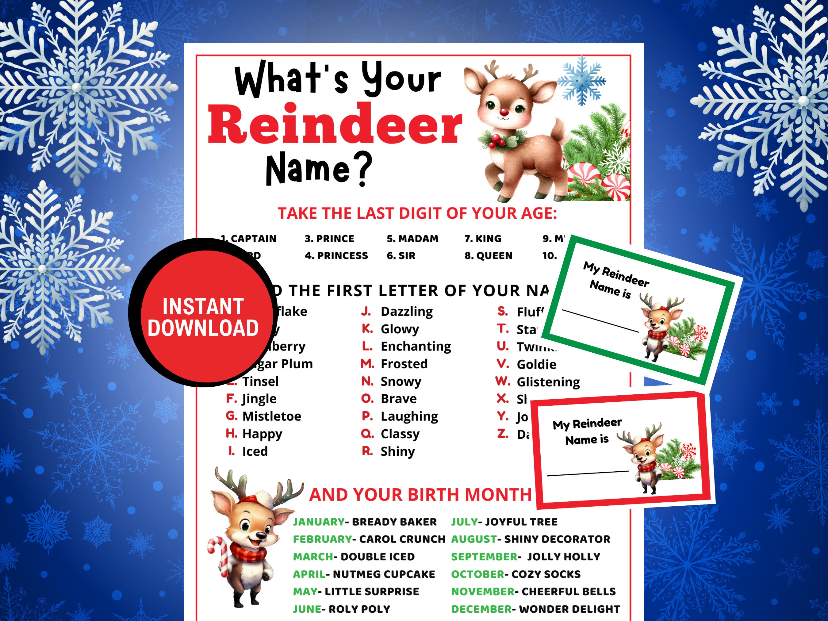 "What's Your Reindeer Name?" Christmas Party Game - Includes 50 Name Tag Stickers & Double-Sided Sign (5x7 In)