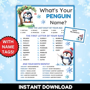 What&#39;s Your Penguin Name Game with Name Tags & Penguin Sign, Penguin Baby Shower, Winter Party Activity, Penguin Party, Penguin Birthday