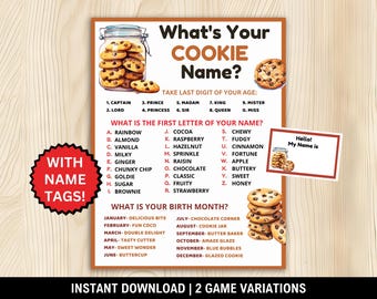 Juego de "¿Cuál es tu nombre de galleta?" con etiquetas y letrero, intercambio de galletas, fiesta de cumpleaños de galletas, juegos de rally de galletas, fiesta de degustación de galletas