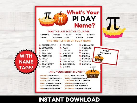 What's Your Pi Day Name Game with Name Tags and Sign, Pi Day Printable for Kids and Adults, Pi Day Party, Math Class Printables, Pi Day Game