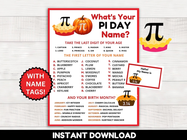 What's Your Pi Day Name Game with Name Tags and Sign, Pi Day Printable for Kids and Adults, Pi Day Party, Math Class Printables, Pi Day Game, pi day sign, pi games, pi day worksheet, pi day bundle,pi day printable games, math game for kids,