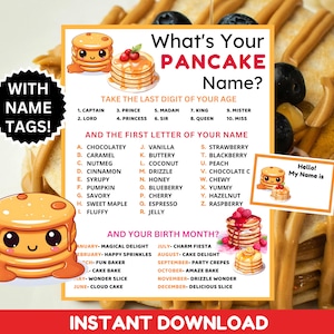 What&#39;s Your Pancake Name Game with Nametags & Sign| Pancake Day| Pancake Party Game | Pancakes and Pajamas | Slumber Games| Pancake Day