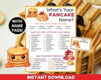 What&#39;s Your Pancake Name Game with Nametags & Sign| Pancake Day| Pancake Party Game | Pancakes and Pajamas | Slumber Games| Pancake Day
