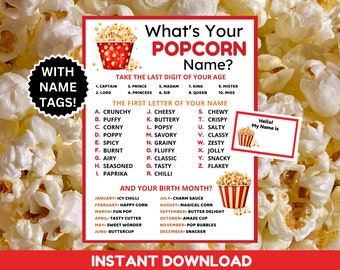 What&#39;s your Popcorn Name Game with Name Tags + Popcorn Name Sign, Popcorn Day, Popcorn Party Game, Popcorn Bar Baby Shower, Movie Night Game