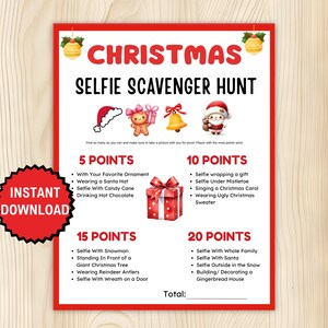 Könnte beinhalten: Ein rot-weißes, druckbares Weihnachts-Selfie-Schnitzeljagd-Spiel. Das Spiel enthält eine Liste von Aktivitäten, um Selfies für Punkte zu machen, wie z. B. das Tragen eines Weihnachtsmützen oder ein Selfie mit einem Schneemann. Der Text "Sofort-Download" ist ebenfalls sichtbar.