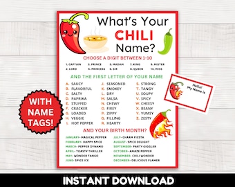 What's Your Chili Name Game with Name tags + Sign, Chili Cookoff Activities, Chili Contest, Chili Cookoff Party Activity,  Chili Party Game