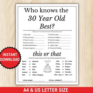 Who Knows the 30 Year Old Best Game, 30th Birthday Game, Printable, 30th Birthday Party Activity, 30th Birthday Trivia, 30th Party Game Idea