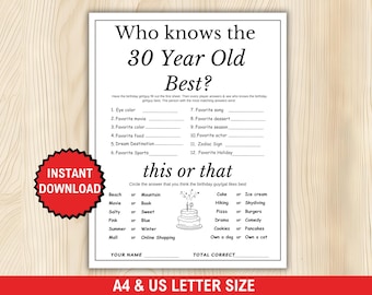 Who Knows the 30 Year Old Best Game, 30th Birthday Game, Printable, 30th Birthday Party Activity, 30th Birthday Trivia, 30th Party Game Idea