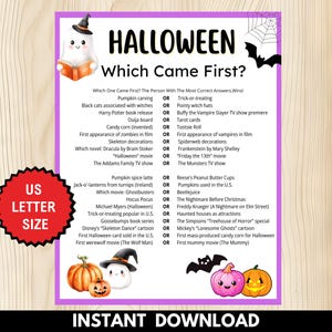 Könnte beinhalten: Ein druckbares Spiel zum Thema Halloween mit dem Titel "Halloween: Which Came First?" mit einem Geist, Kürbissen und Fledermäusen. Das Spiel enthält eine Liste von Fragen und Antworten zum Thema Halloween. Das Bild hat die US Letter Größe.