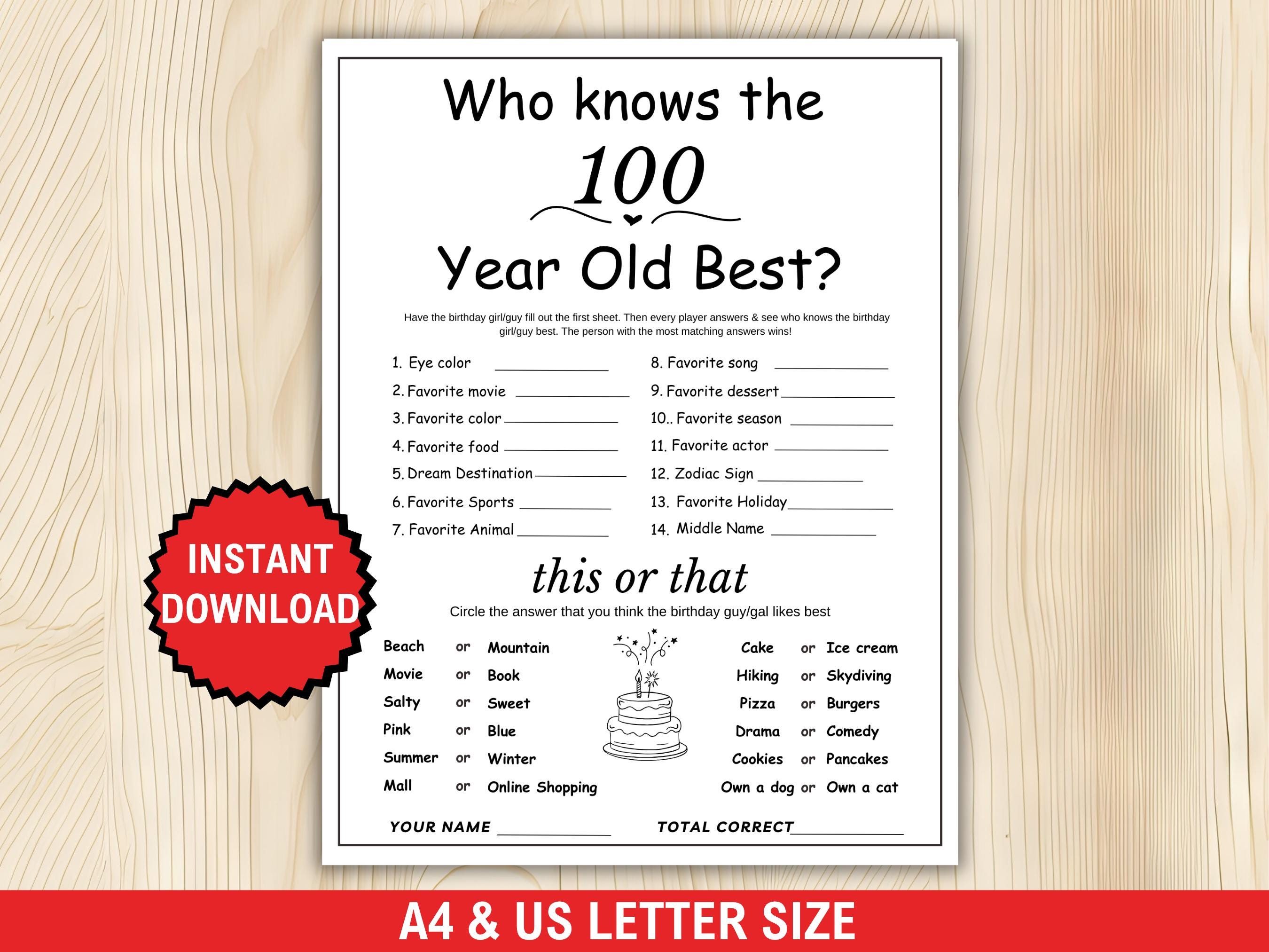 Who Knows the 100 Year Old Best Game, 100th Birthday Game, Printable, 100th Birthday Party Activity, 100th Birthday Trivia,100th Party Ideas