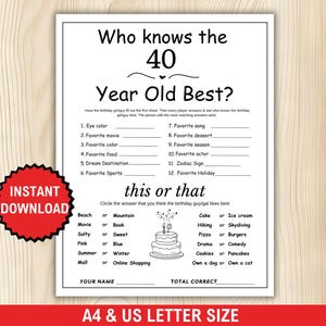 Può includere: Un gioco stampabile per una festa di compleanno di 40 anni. Il gioco si chiama "Chi conosce meglio il quarantenne?" e include domande sulle cose preferite del festeggiato, come il suo colore, il suo film e il suo cibo preferiti. Il gioco include anche una sezione "Questo o Quello" dove i giocatori devono indovinare quale delle due opzioni il festeggiato preferirebbe.