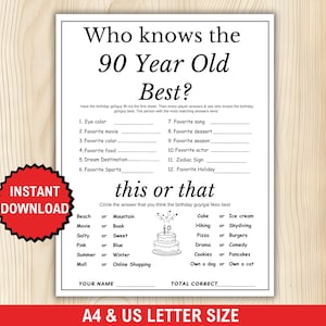 Peut inclure: Un jeu imprimable pour une fête de 90e anniversaire. Le jeu s'appelle "Qui connaît le mieux le 90 ans ?" et comprend des questions sur les choses préférées de la personne fêtée, ainsi qu'une section "Ceci ou Cela" avec des choix comme "Plage ou Montagne" et "Gâteau ou Crème glacée".