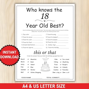 May include: A printable birthday game sheet with the text "Who knows the 18 Year Old Best?" in black. The sheet includes fill-in-the-blank questions and a "this or that" section. A red "Instant Download" sticker is on the left.