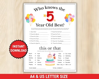 Wie kent de 5-jarige het beste, 5e verjaardag printables, 5e verjaardag spellen, 5e verjaardag triviaquiz, 5-jarige feestideeën voor meisjes, jongens