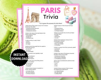 Paris Trivia Game, Printable Paris Games for Kids & Adults, French Theme Party, Paris Bridal Shower, Paris Birthday Party, Paris Party Ideas