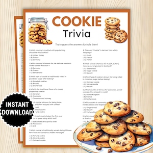 Może przedstawiać: Wydrukowany arkusz do gry Cookie Trivia z tytułem w brązowym kolorze, słoikiem ciasteczek z kawałkami czekolady i stosem ciastek. Strona zawiera dwanaście pytań wielokrotnego wyboru dotyczących ciastek oraz czarną etykietę z napisem INSTANT DOWNLOAD.