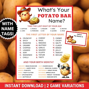 What&#39;s Your Potato Bar Name Game With Name Tags+ Sign, Potato Bar Party Game, Potato  Activity, Potato Party Games, Potato Bar Display Ideas