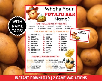 What's Your Potato Bar Name Game With Name Tags+ Sign, Potato Bar Party Game, Potato  Activity, Potato Party Games, Potato Bar Display Ideas