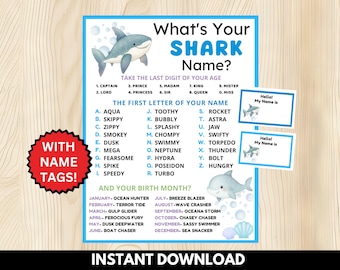 What's your Shark Name Game with Name Tags + Shark Name Sign, Shark Birthday Party Game, Shark Name Generator, Shark Themed Games,Shark Week