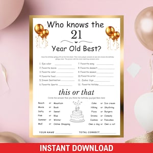 Puede incluir: Un juego imprimible para fiestas de cumpleaños titulado "Who Knows the 21 Year Old Best?" con preguntas para completar y una sección de "esto o aquello". El diseño incluye globos dorados y un borde dorado, con las palabras "Descarga instantánea".