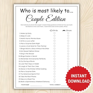 Op de afbeelding: Een afdrukbaar spelblad met de titel "Who is most likely to... Couple Edition". De zwarte tekst op een witte achtergrond bevat vragen om te bepalen welke partner het meest waarschijnlijk bepaalde dingen doet. Een rode "Instant Download"-sticker staat rechtsonder.