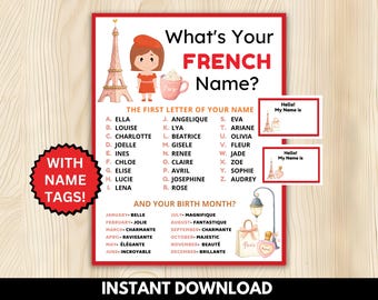 What's Your French Name Game with Name Tags & French Sign, Paris Party Game, Paris Theme Party, Paris Bridal Shower, Paris Birthday Party