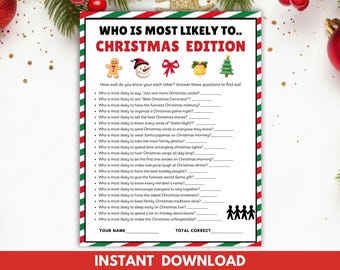 Who is Most Likely to Christmas Game, Games for Christmas Day, Holiday Fun Games, Xmas Group Games, Christmas Trivia Most Likely To Game