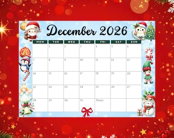 December 2026 Calendar, December 2026 Monthly Calendar, December 2026 Printable Planner, Christmas Calendar Digital with Snowman, Elf, Santa