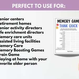 memory game for seniors, fun game for seniors, elderly party games, senior citizens games, retirement games, senior center activities, memory care, brain games, Think Quick Memory Care Game,  Conversation Starter Game, Senior Citizens Activity,