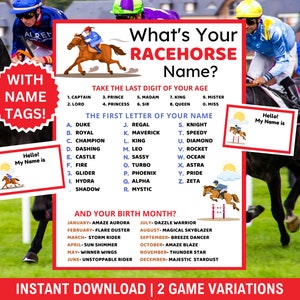 What&#39;s Your Race Horse Name Game With Name Tags+ Race Horse Sign, Derby Games, Horse Party Kids, Derby Activities, Horse Race Party Game