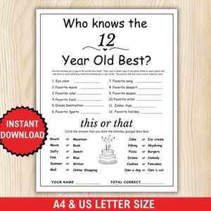 Who Knows the 12 Year Old Best, 12th Birthday Game Printable, 12th Birthday Party Games, 12th Birthday Trivia Quiz,12th Birthday Party Ideas