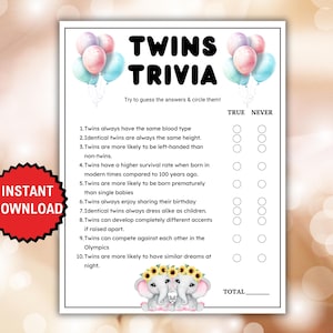 Twins Trivia Baby Shower Game, True or False Twins Trivia Game, Shower Quiz Activity, Mommy to be game, Modern Minimalist Baby Shower Idea